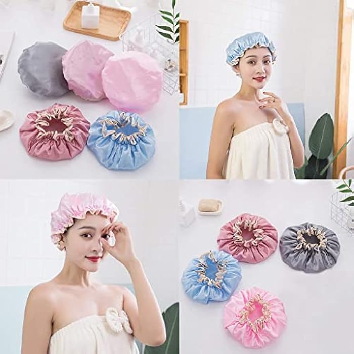 TYAGY Double Layer Satin Silk Hair Bonnet Waterproof Shower Cap With Scrunchies, Satin Hair Wrap (Free Size, Multicolor, Pack of 1) - Image 4
